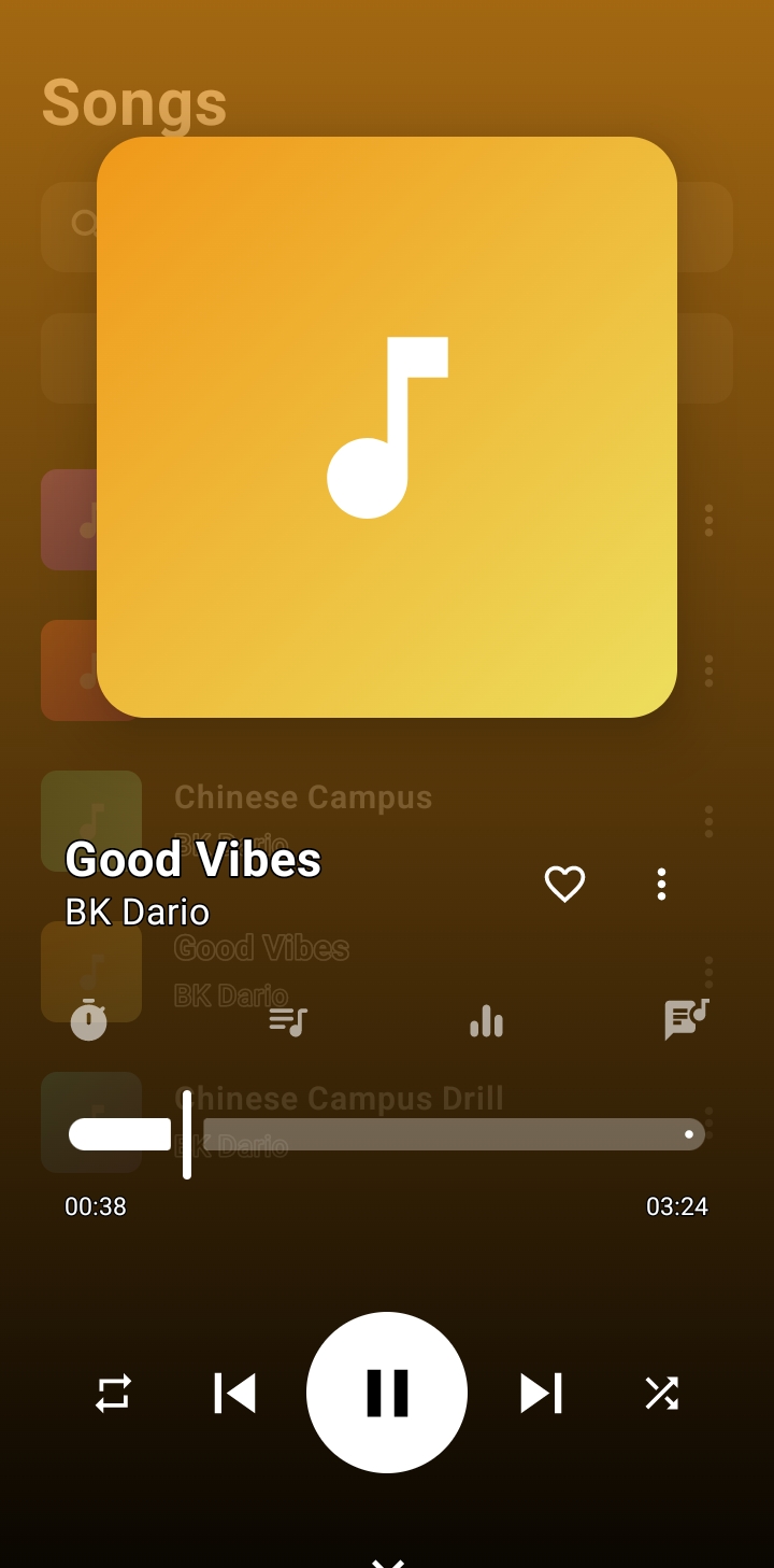 BK Music mobile app showing the now playing screen