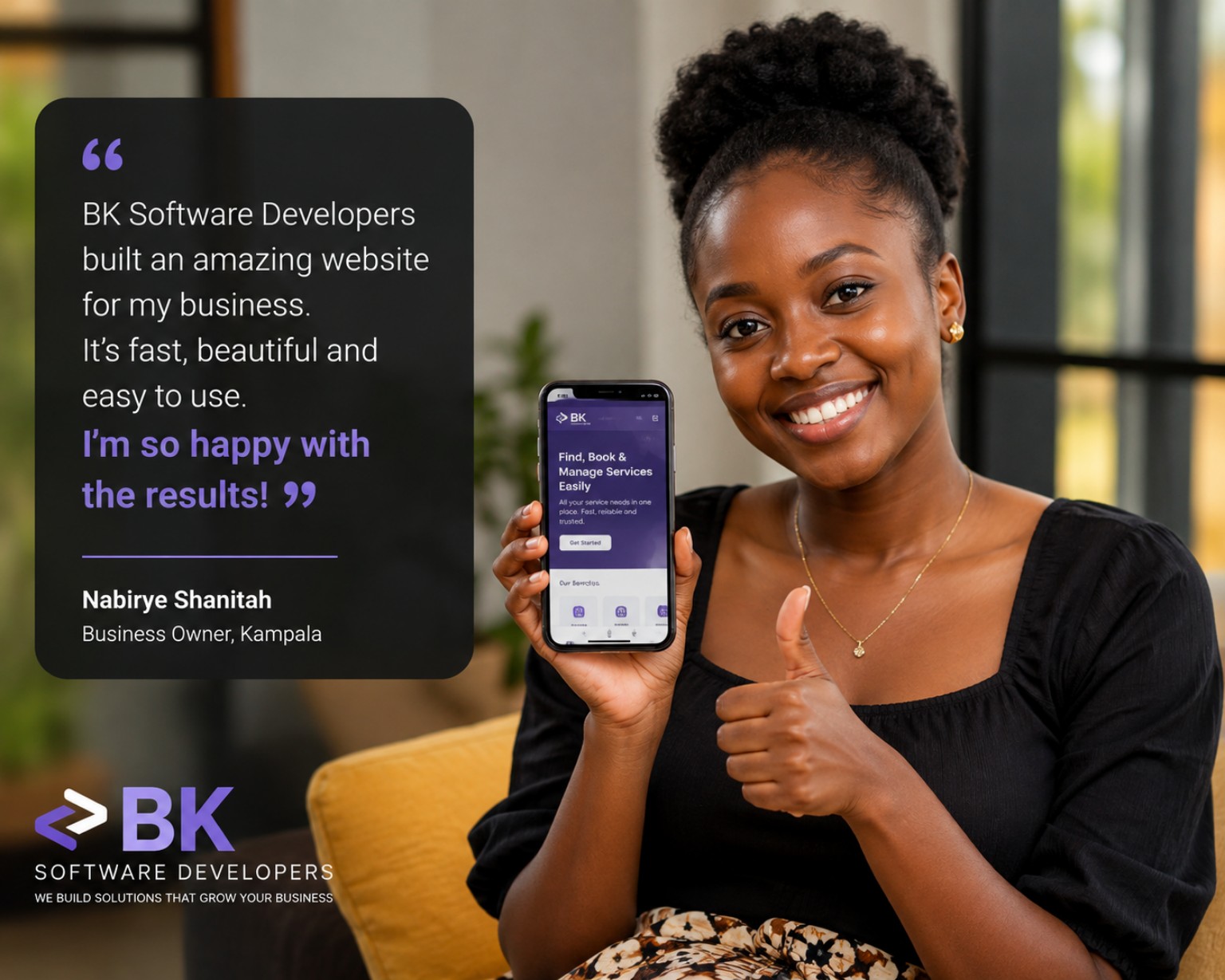 Happy customer showing a mobile business app