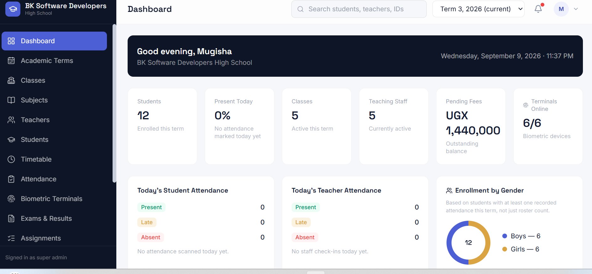 School Pro — Dashboard screen: Live enrollment, attendance, fees and biometric terminal overview