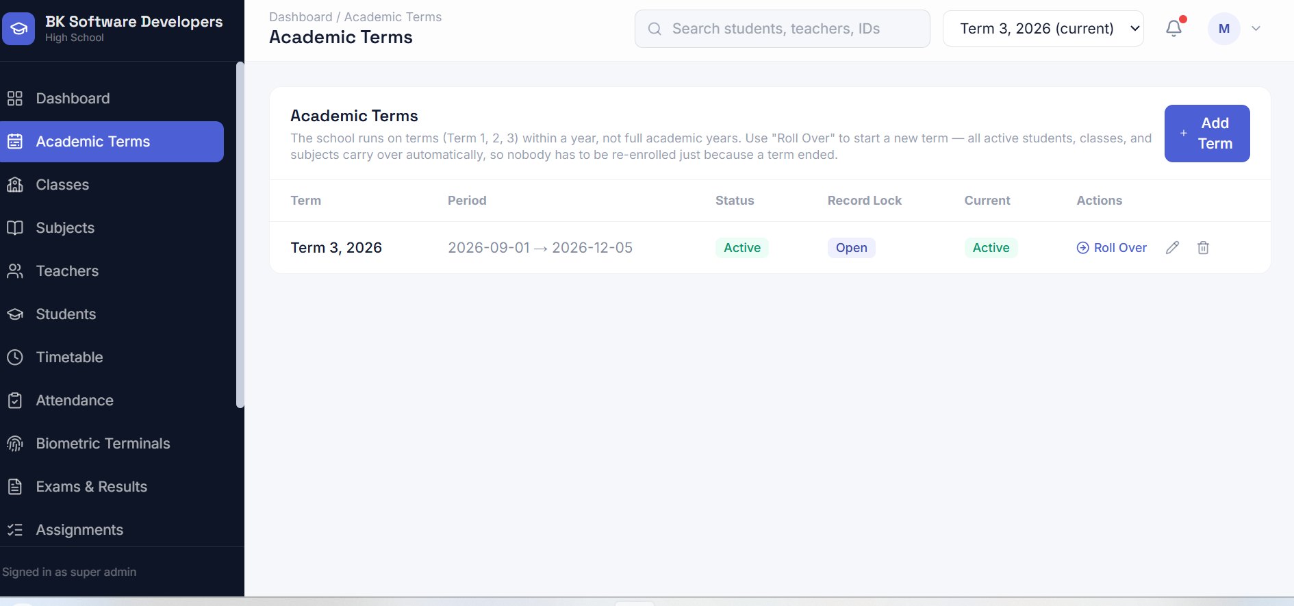 School Pro — Academic Terms screen: Term setup with roll-over of students, classes and subjects
