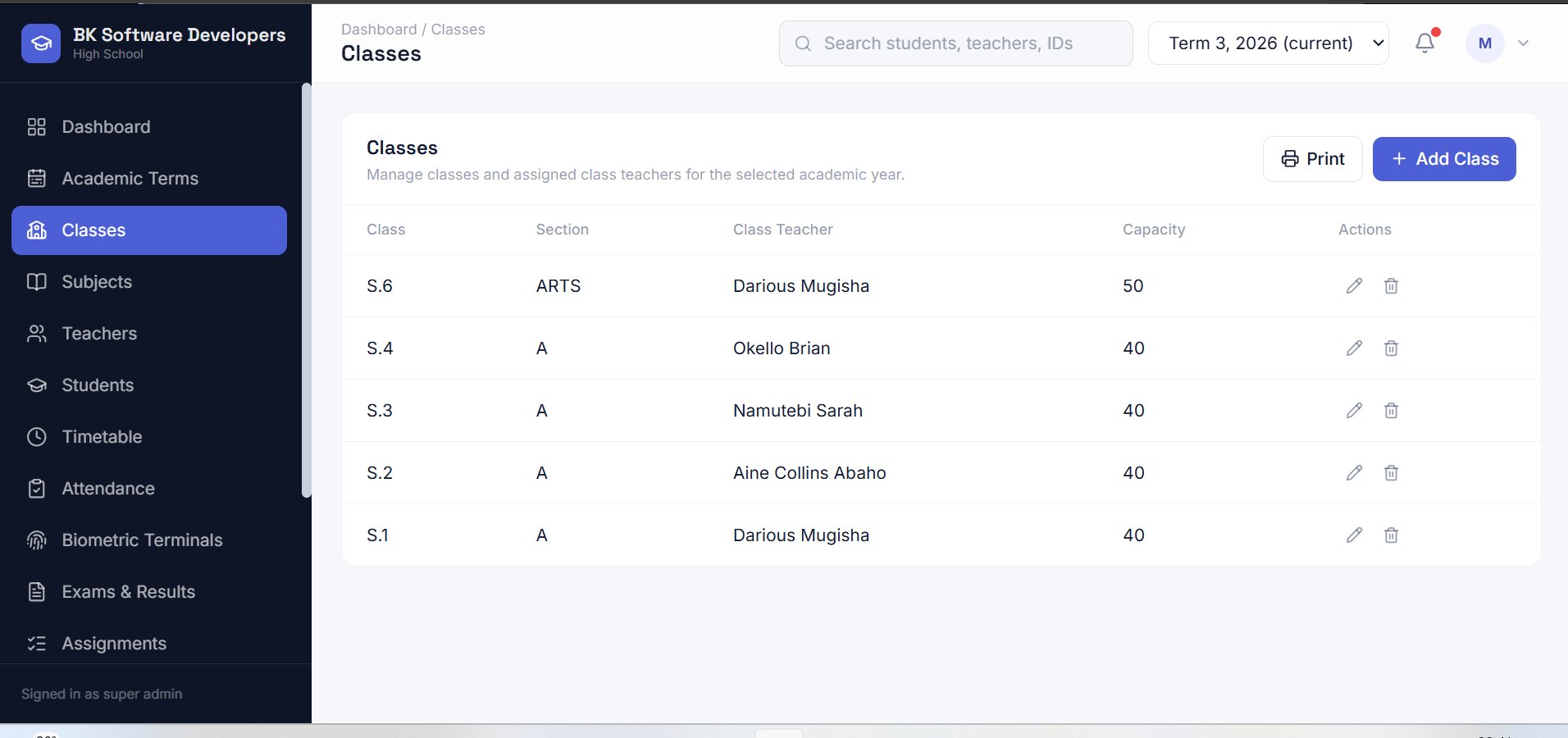 School Pro — Classes screen: Class list with assigned class teachers and capacity