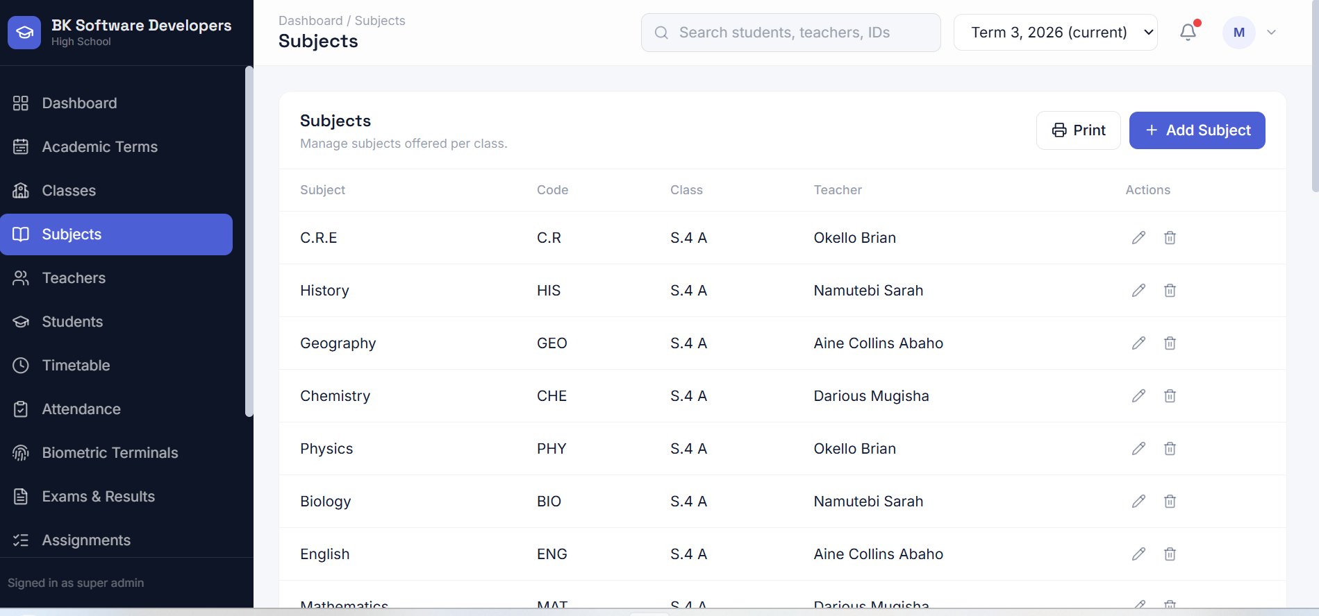 School Pro — Subjects screen: Subjects mapped to classes and teachers