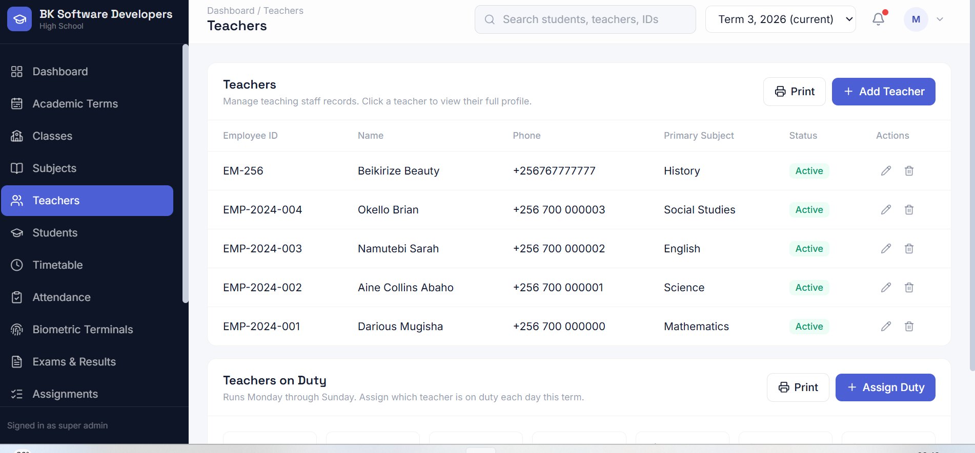 School Pro — Teachers screen: Staff directory with duty roster