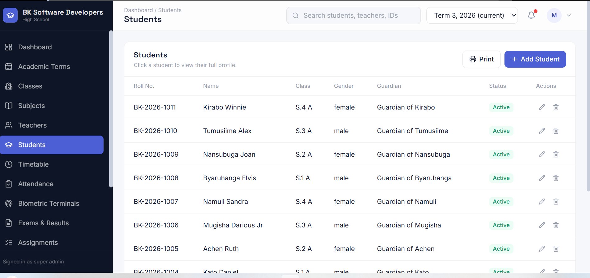 School Pro — Students screen: Full student roster with guardian and status