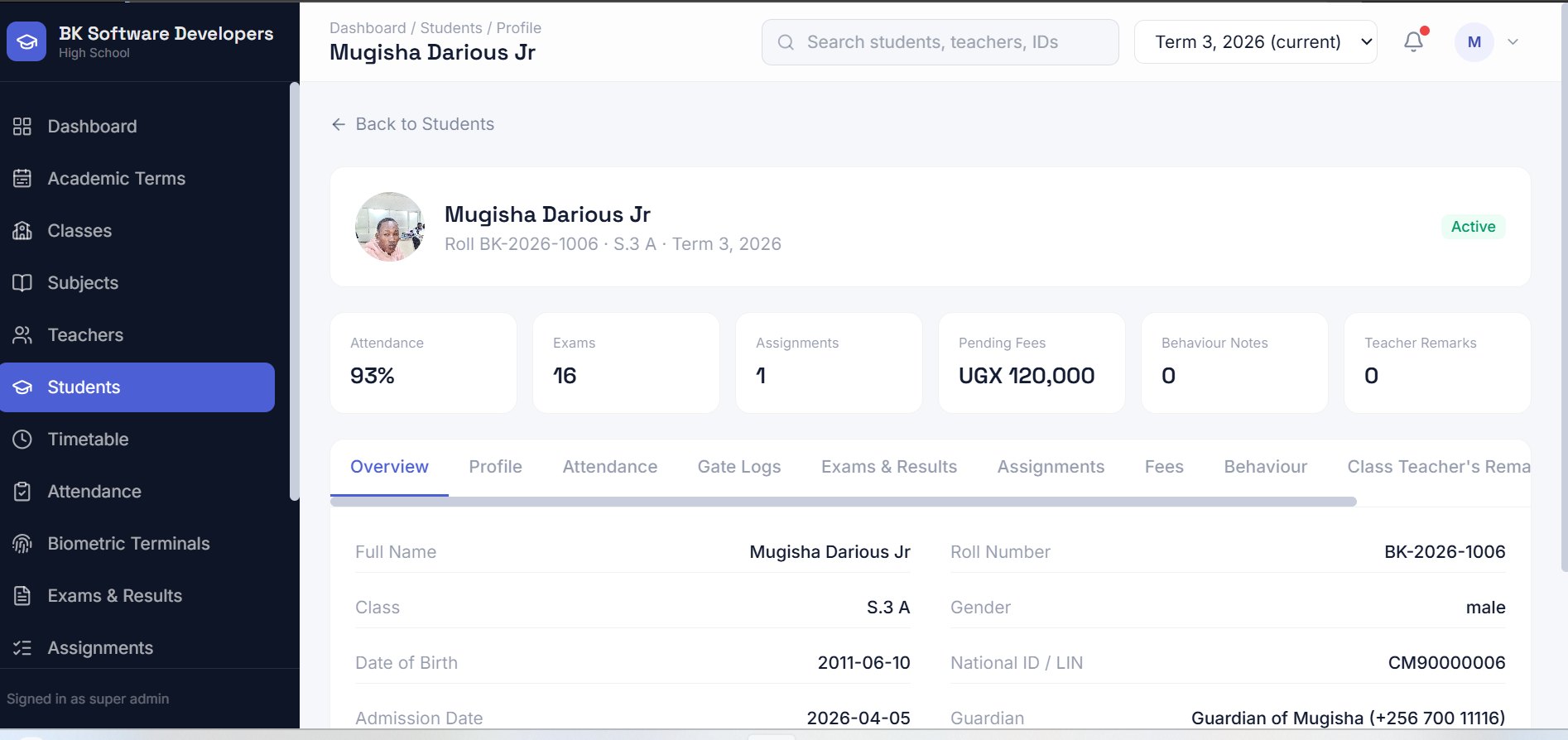School Pro — Student Profile screen: Attendance, exams, fees and remarks in one view