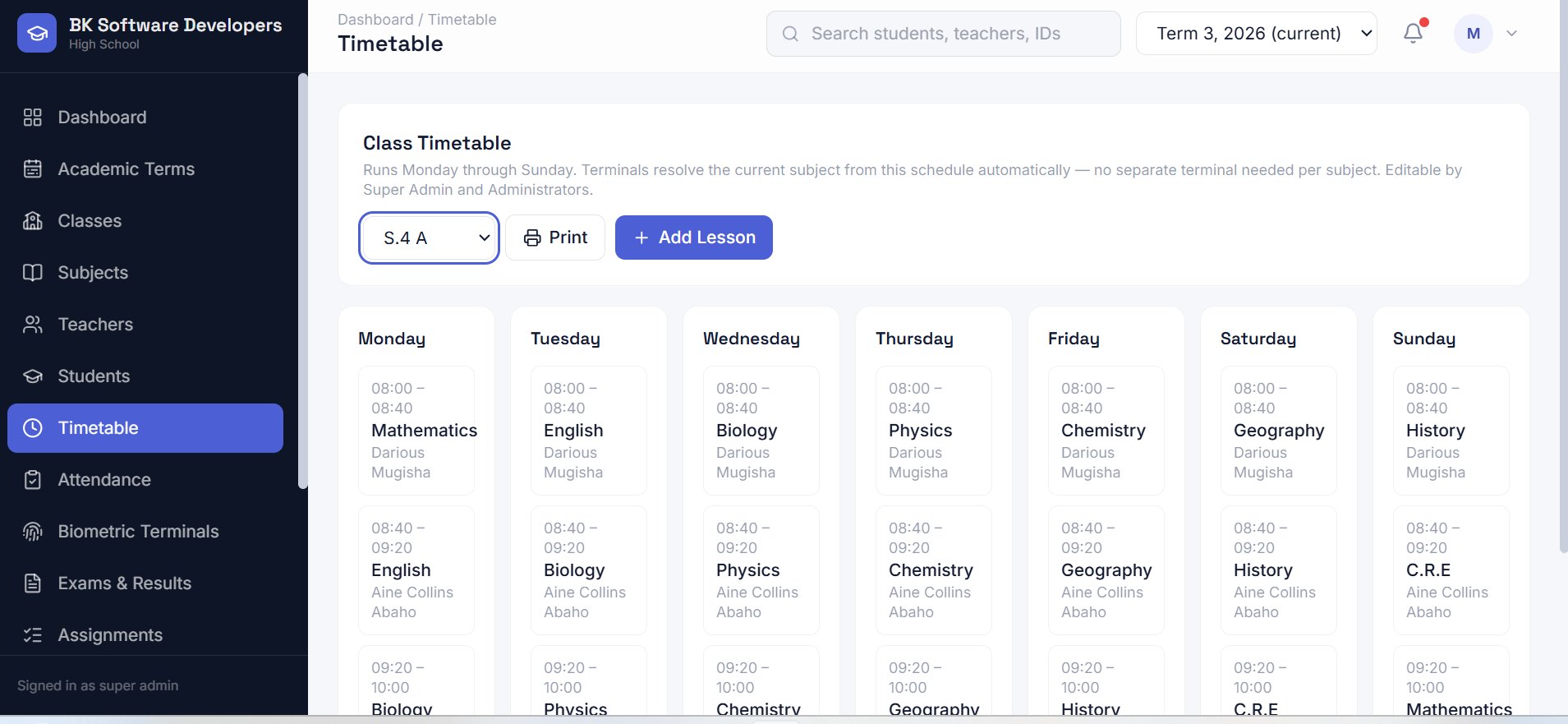 School Pro — Timetable screen: Weekly class timetable linked to biometric terminals