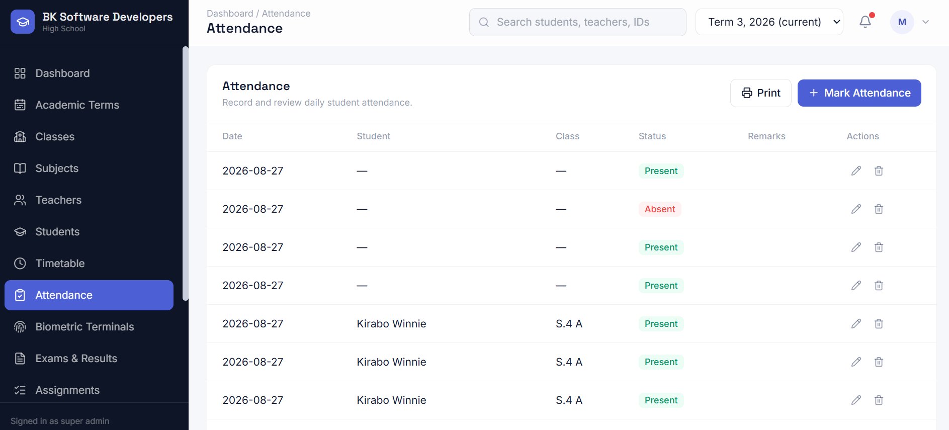 School Pro — Attendance screen: Daily attendance records with status tracking