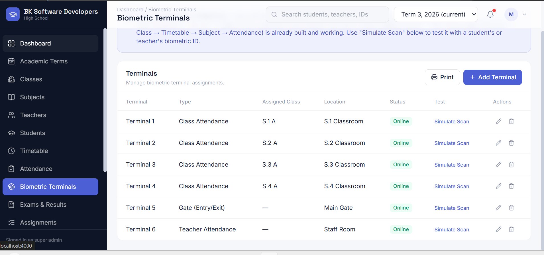 School Pro — Biometric Terminals screen: Live terminal status across gates and classrooms