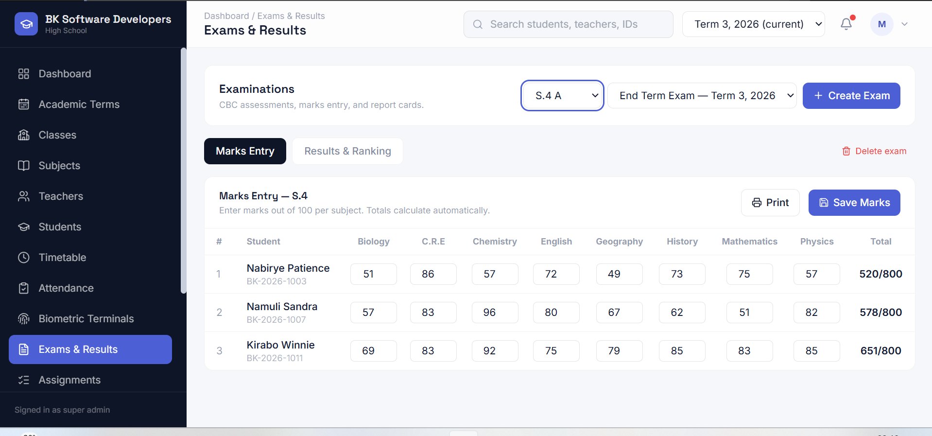 School Pro — Exams & Results screen: CBC assessments and automatic mark totals