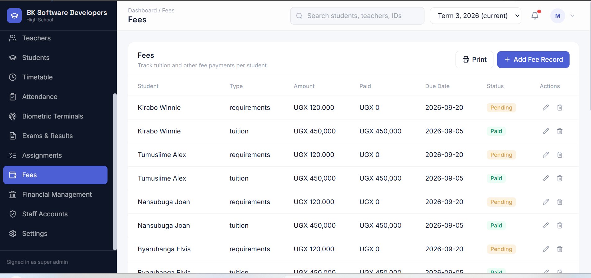 School Pro — Fees screen: Tuition and requirement payments per student