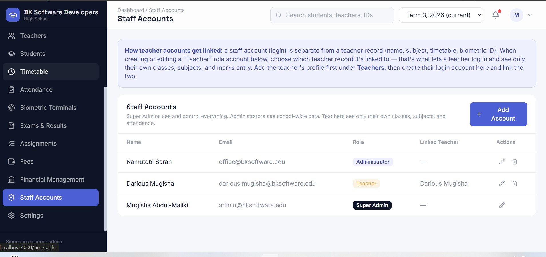 School Pro — Staff Accounts screen: Role-based logins for admins and teachers