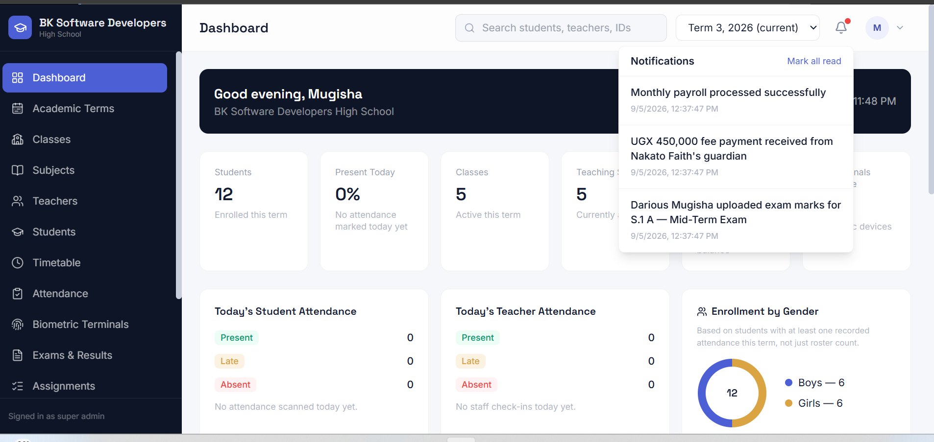 School Pro — Notifications screen: Real-time alerts for payments, payroll and marks