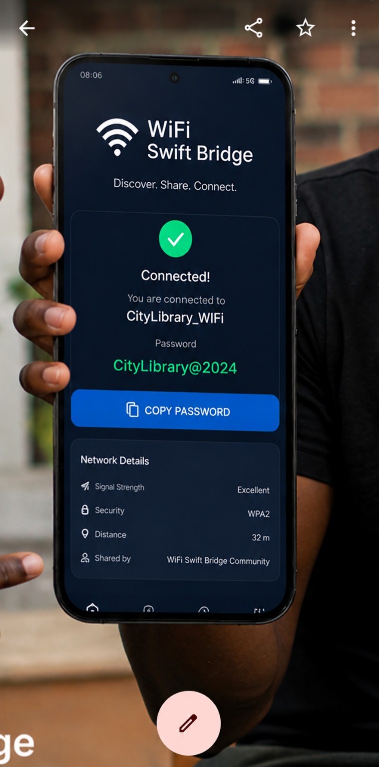 WiFi Swift Bridge connected network screen on a smartphone